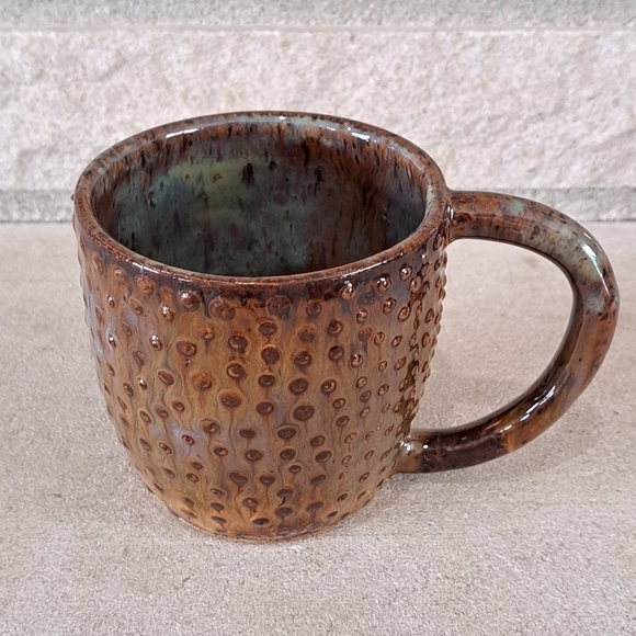 Studio Pottery Coffee Cup Mug 3D Textured Brown Green Blue Signed by Artist - Picture 1 of 9